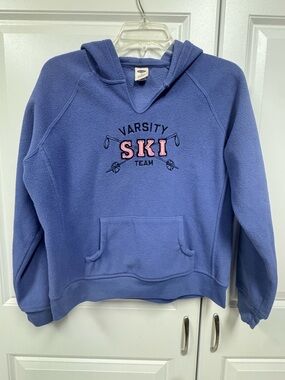 Vintage Y2K Old Navy Varsity Ski Fleece Pullover Hoodie Junior Med Embroidered